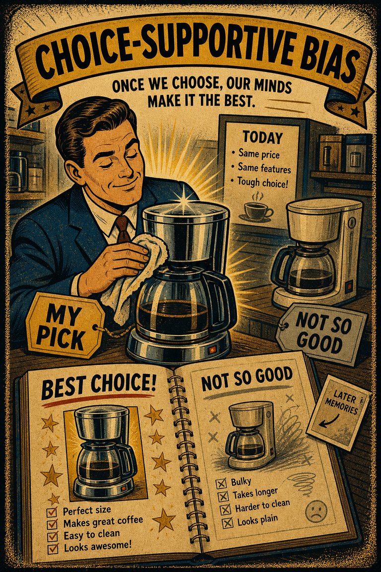 Poster illustration for Choice-supportive bias
