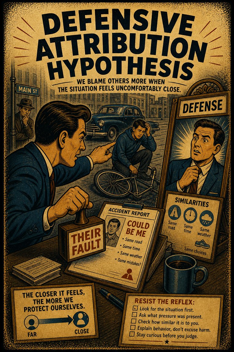 Poster illustration for Defensive attribution hypothesis